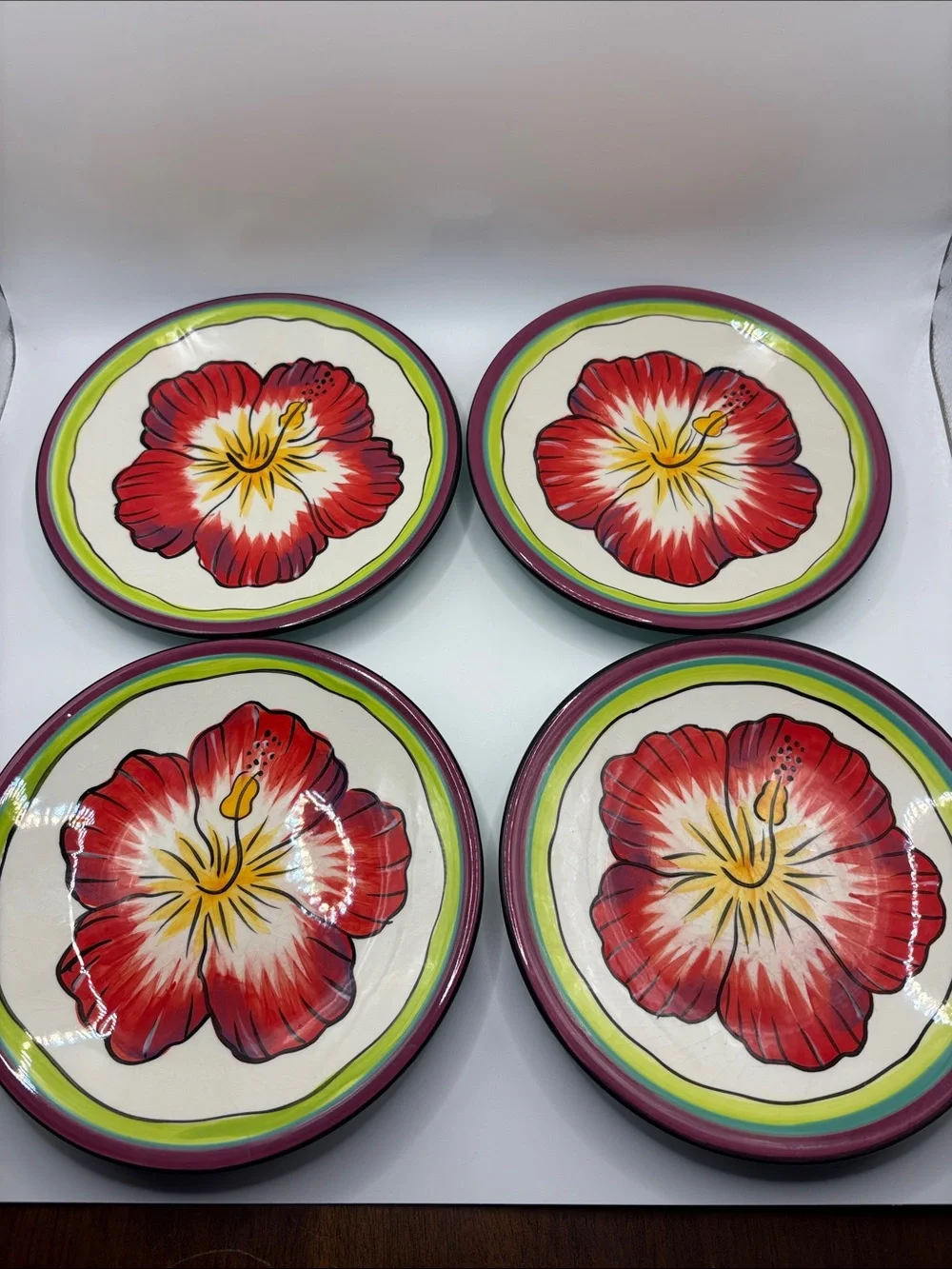 Hand-Painted Red Hibiscus Ceramic Dinner Plates - Set of 4 from Clay Art